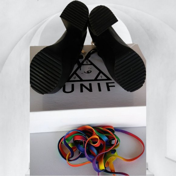 UNIF 7 BLACK LEATHER HELLHOUND PLATFORM BOOTS goth club dance Halloween U.N.I.F. - Picture 10 of 16